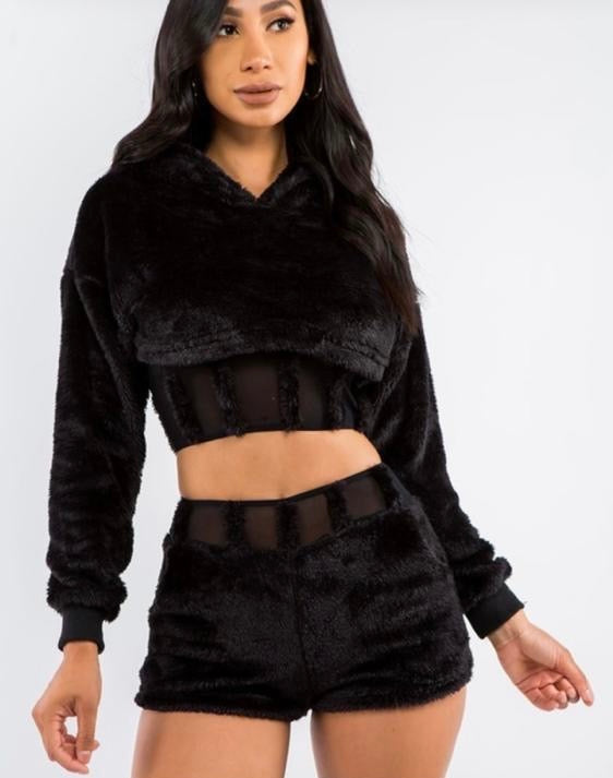 Fur short set hoodie